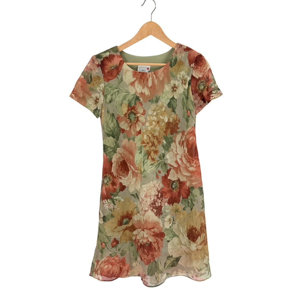 Vintage 90s Scarlett Dress Floral Multicolor 6P Short Sleeve Chiffon Lined Fall